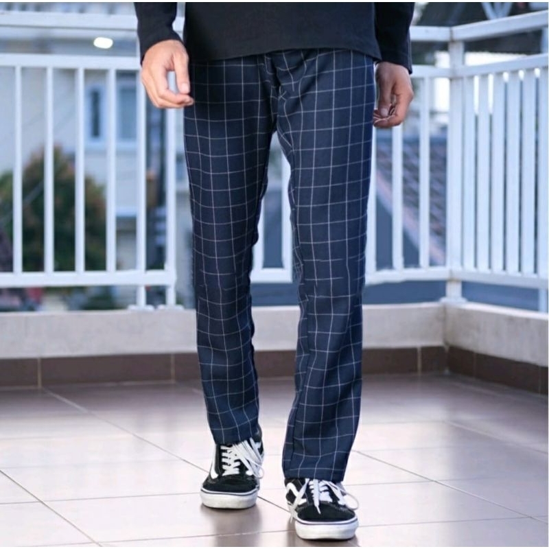 Celana panjang Tartan Kotak-kotak pria/celana pria kain woll salur motif kotak/celana panjang pria c