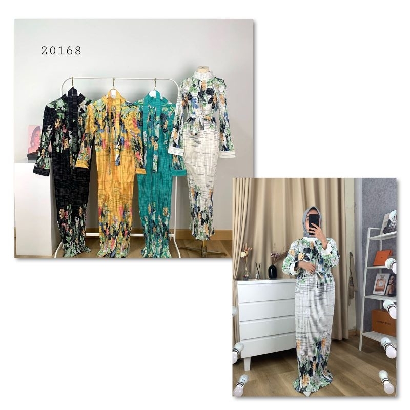 20168 Long Dress Plisket Bunga Turtle Neck Free Tali Pinggang / Long Dress Lidi Wanita Motif Bunga P