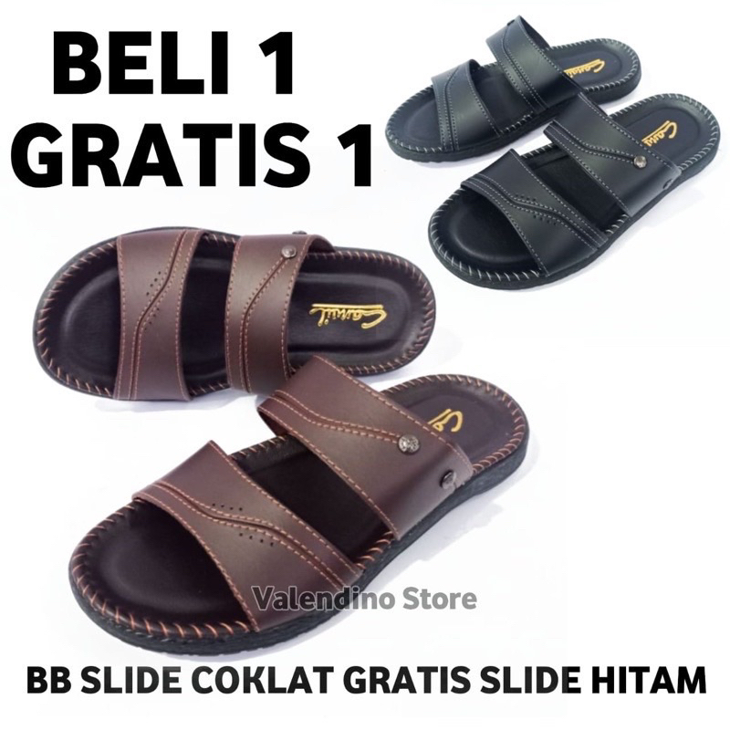 Sandal Pria Casual Beli 1 Gratis 1 Kulit Terbaru Slip On Slide Japit Cowok Dewasa