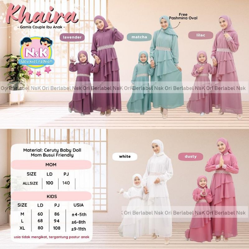 DRESS GAMIS COUPLE ANAK DAN IBU CERUTY BABYDOLL BUSUI FRIENDLY FREE PASHMINA KHAIRA ORI NSK