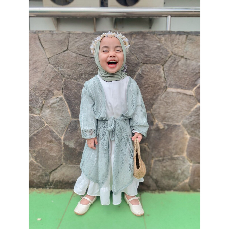 dress outer 2-3 tahun sage green berikut hijab