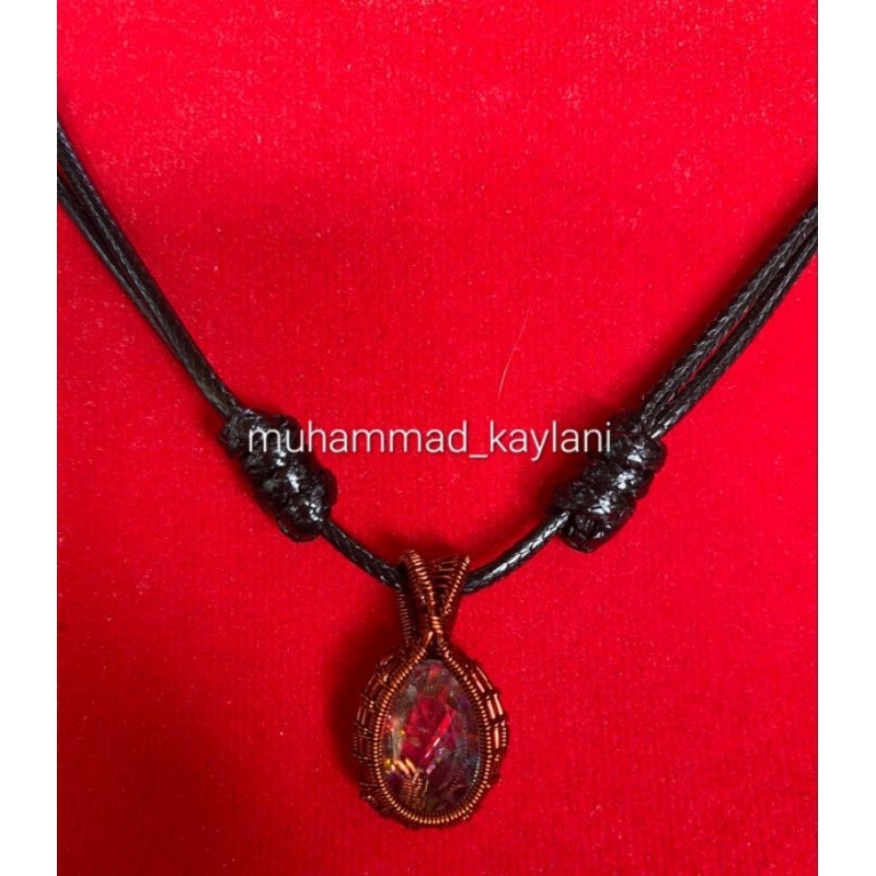 kalung liontin batu akik wire wrapper kalimaya pelangi (S)