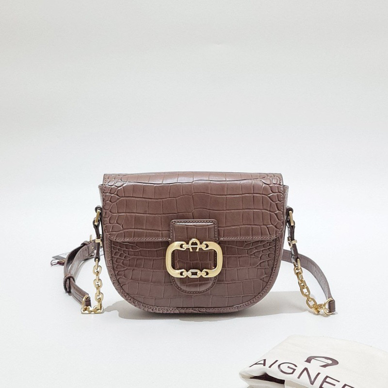 AIGNER CELIA CROSSBODY BAG CROCO LEATHER MUSHROOM BROWN 20x20x5