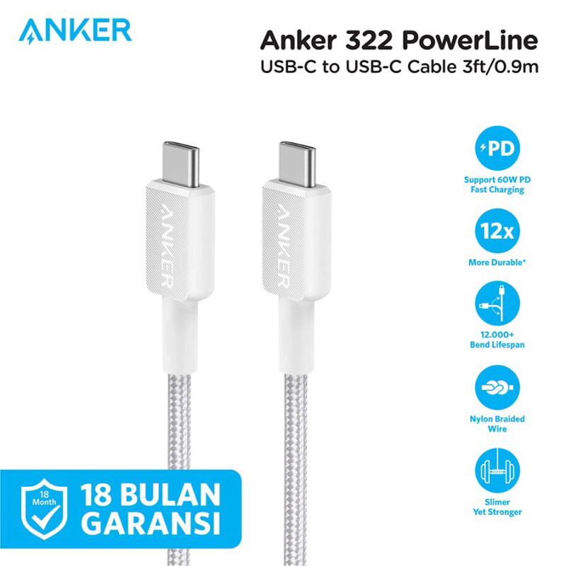 anker kabel usb c to c 3 ft original garansi resmi - anker 322