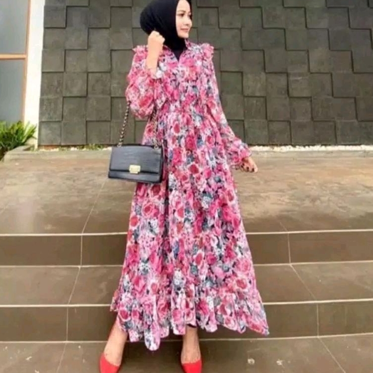 31170 Baju Maxidress longdress ROSE Maxi dress lengan panjang dres Korea Korean style wanita import 