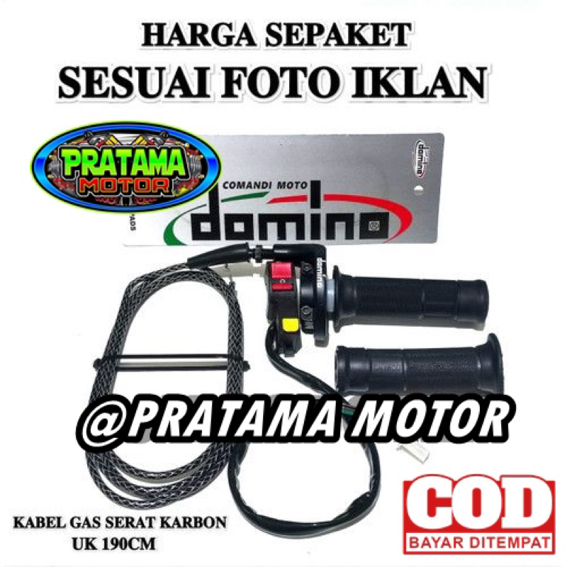 PROMO PAKET Gas Spontan Domino Polos Plus Kabel Tali Gas Carbon Hitam 190cm Saklar Starter On/Off Engine Universal Matic dan Bebek