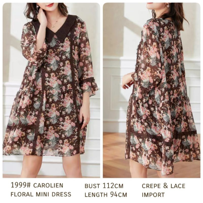 Carolien Floral Mini Dress Kerah Lengan Panjang Big Size Korean Style Import Summer Murah Best Selle