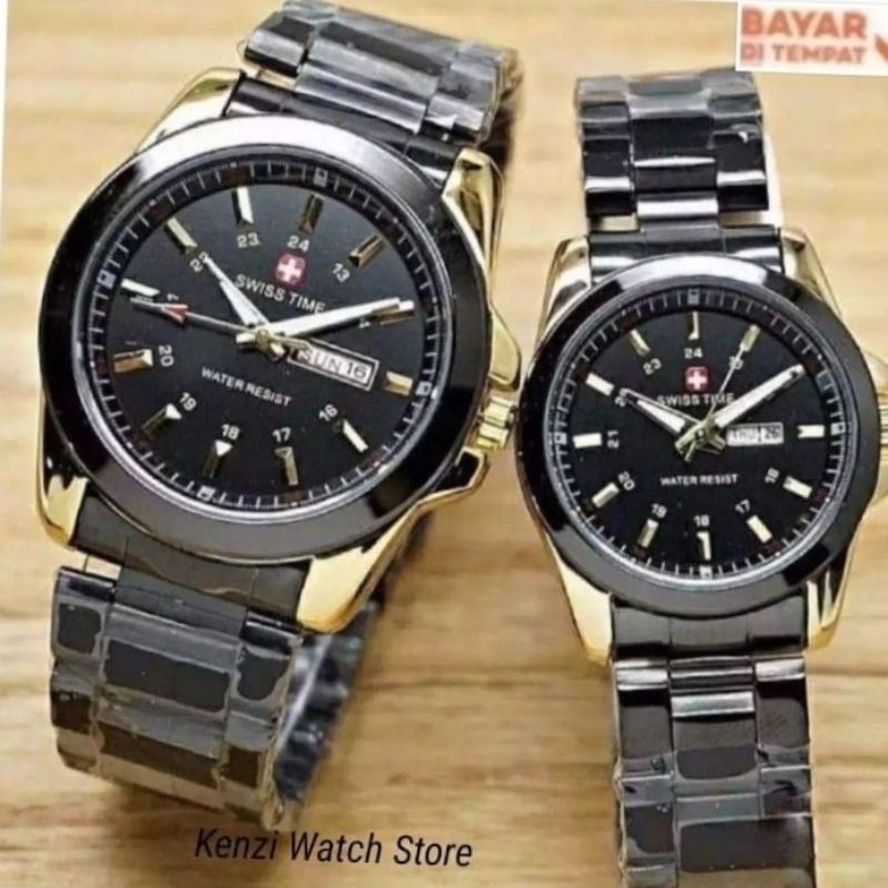 BISA COD Jam Tangan Pasangan Tanggal Hari Aktif Swiss Made Army Tali Rantai Stainless