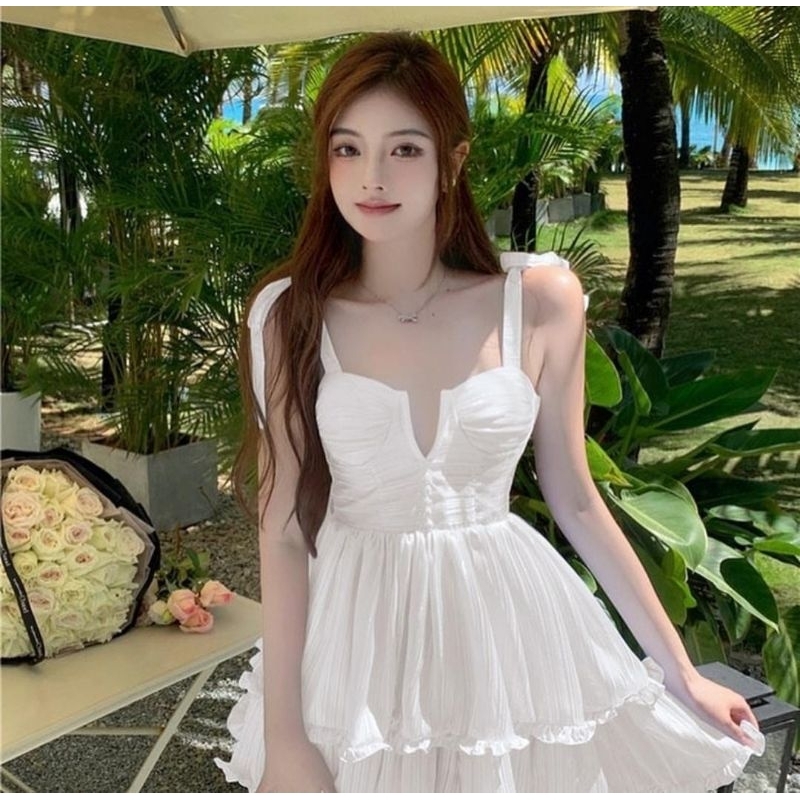 white slit bustier tied shoulder mini premium dress - Bikinibandit