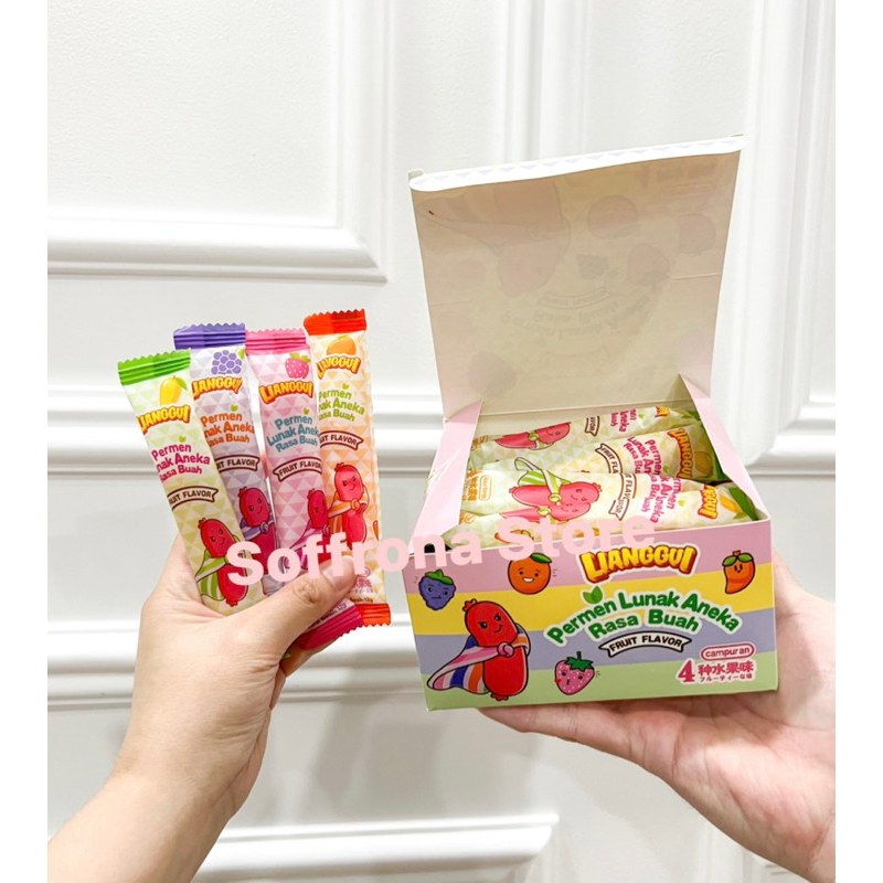 

PERMEN SOSIS permen lunak viral rasa aneka buah merek lianggui perbox isi 30