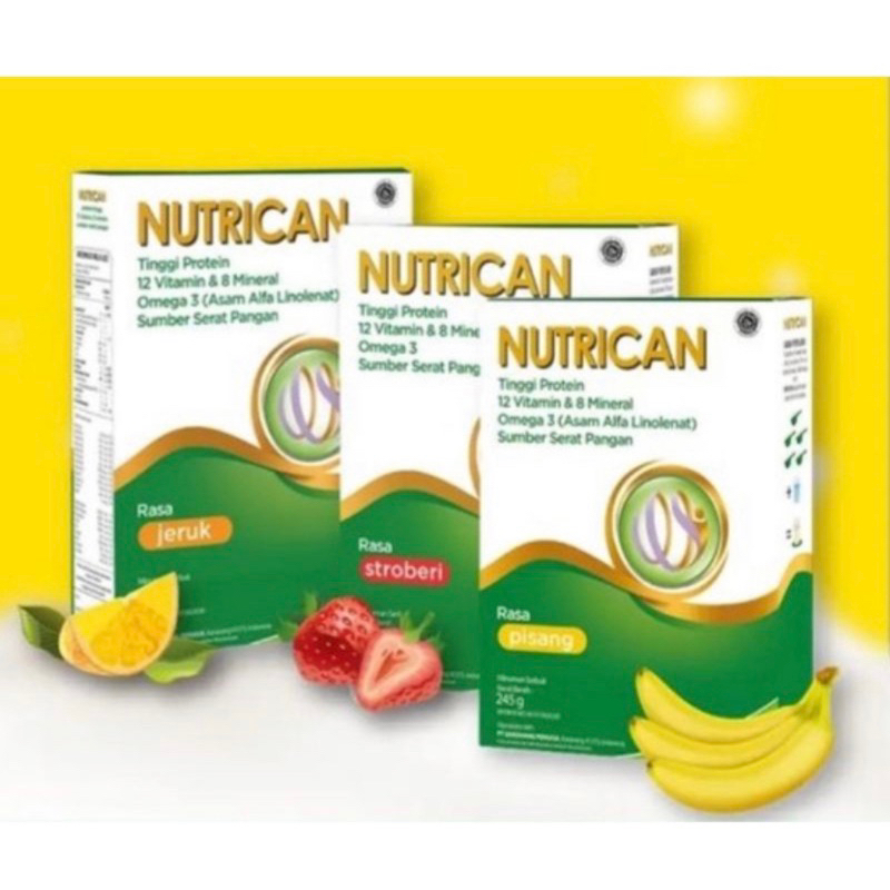 

Nutrican 245 gram - Nutrisi Tinggi Energi dan Protein Tersedia 3 varian rasa jeruk strawberry dan pisang