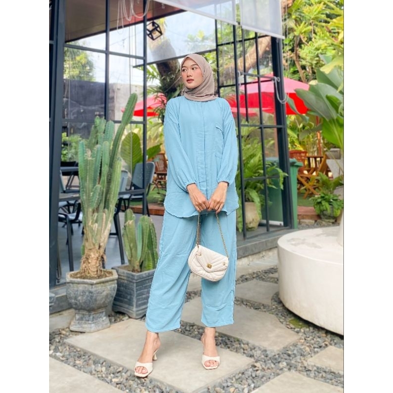 Camelia One Set Crinkle Air Flow Kekinian Setelan Wanita Terbaru One Set Polos Busui Setelan Kulot