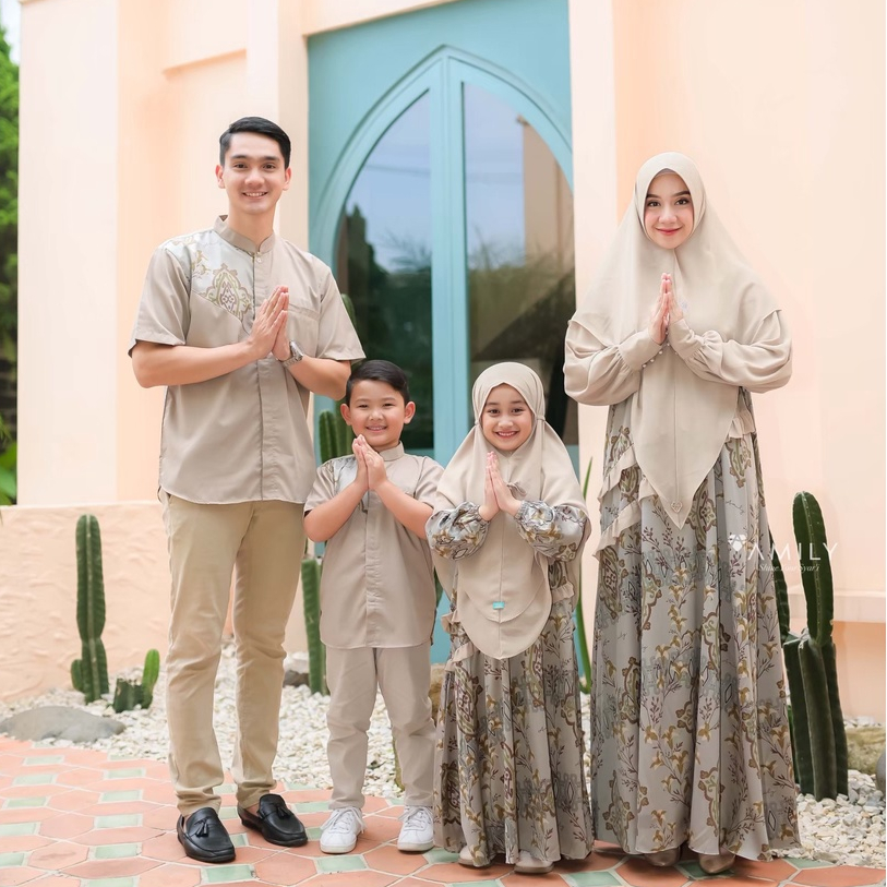 BAJU GAMIS COUPLE KELUARGA MOOCA COKLAT DRYGRASS ALMOND MOTIF PRINT MOTIP BUNGA FAMILY SET ALHMABRA 