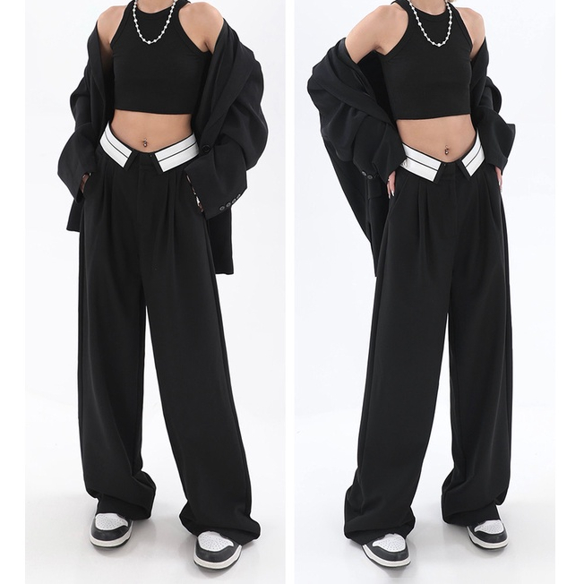 Korean Style Celana Kulot Highwaist Loose Celana Panjang  Hitam Celana Wanita Straight Pants