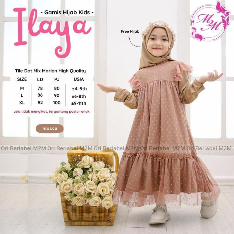GAMIS DRESS HIJAB ANAK CEWEK MUSLIM BAHAN TILE DOT FREE HIJAB ILAYA ORI M2M