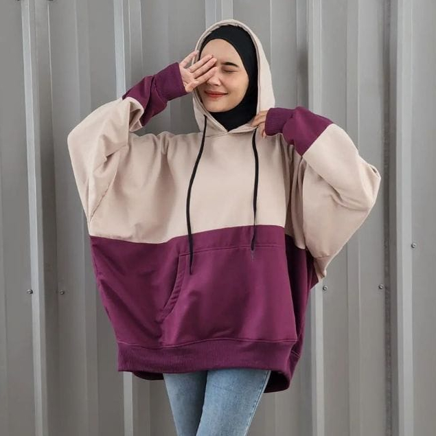 BATWING JUMBO 2TONE NATURAL HOODIE OVERSIZE - SWEATER HOODIE COMBINASI KOREAN STYLE