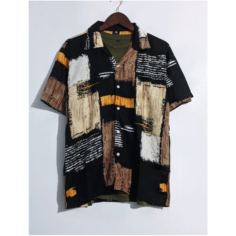 Kemeja Pria Hawai/ Kemeja Pantai Abstrak Vintage Casual Lengan Pendek Retro Bahan Rayon Viscose import adem-R-kayu