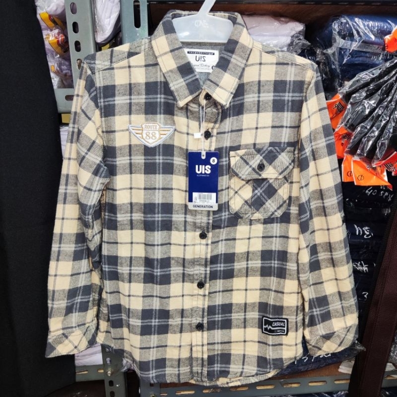 kemeja anak lengan panjang merk UIS bahan flanel krem abu usia 5-8 tahun