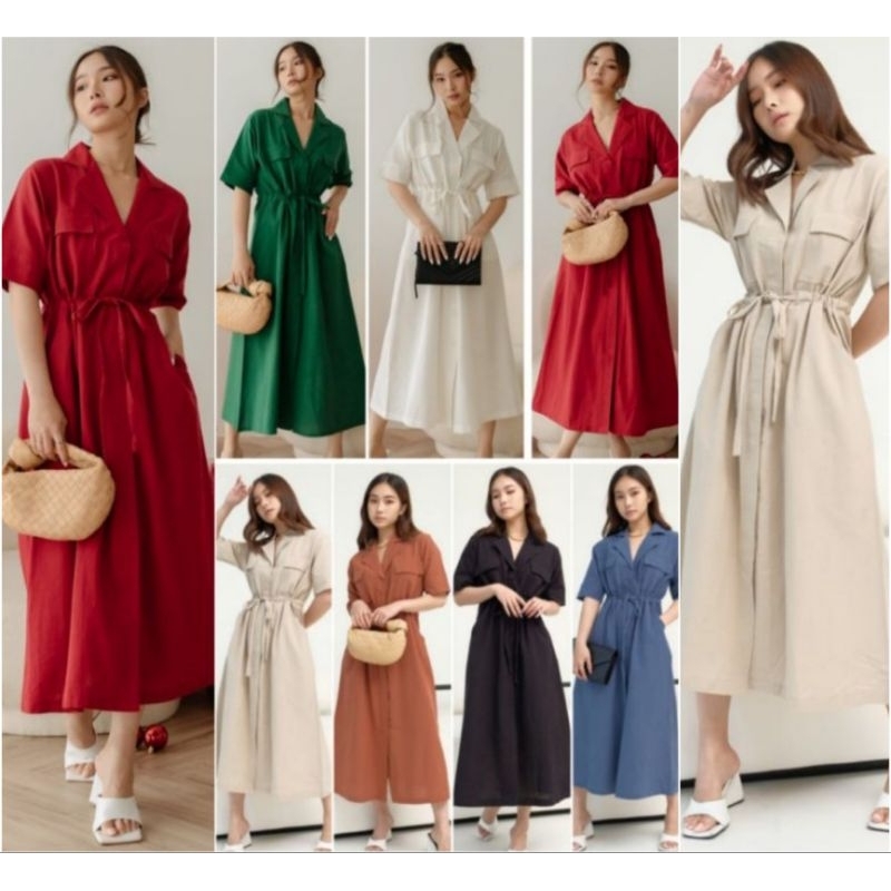 ❣️ SPECIAL PRICE ♡ PREMIUM ♡ ORIGINAL ! JEANNE LINEN VINTAGE COLLAR BUTTON POCKET TIED MIDI DRESS LONG OUTER ( BUSUI FRIENDLY )