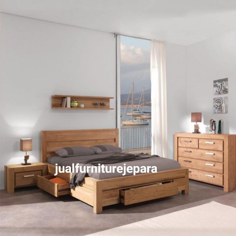 Dipan Tempat Tidur Laci 2 Minimalis Modern Kayu Jati Jepara, Ranjang Tidur Minimalis Kayu Jati Jepar