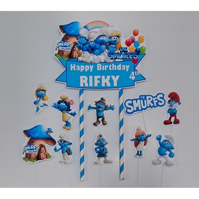TOPPER CAKE GAMBAR SMURF BISA CUSTOM NAMA