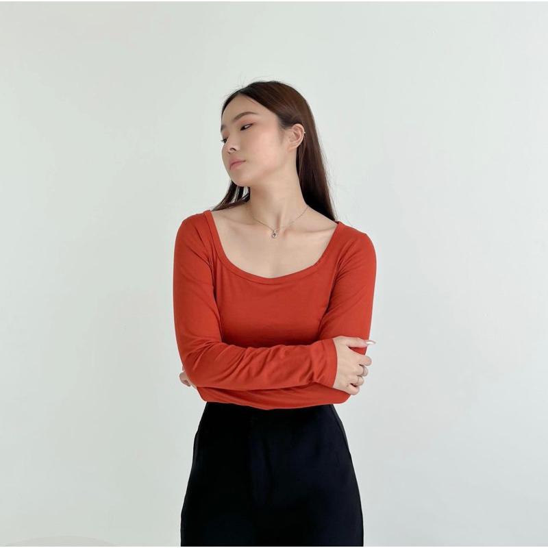 MORA SQUARE NECK LONGSLEEVE TOP KOREA - KAOS MANSET POLOS LENGAN PANJANG WANITA - PREMIUM TEE POLOS CUTTING WANITA COLORFUL - HADIAH / KADO ULTAH CEWEK