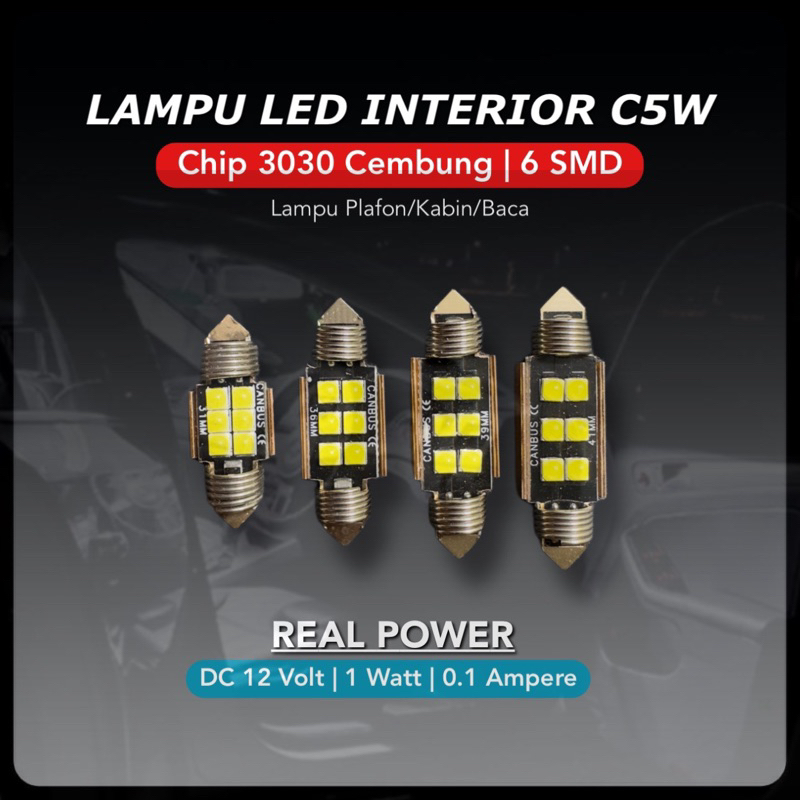 Lampu LED Festoon Plafon - Kabin Mobil C5W Chip 3030 Cembung 6 Mata Super Bright