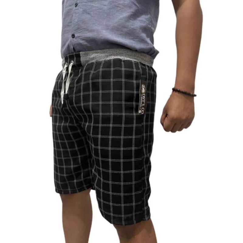 Celana Pendek Tartan Pria Santai Pinggang Karet