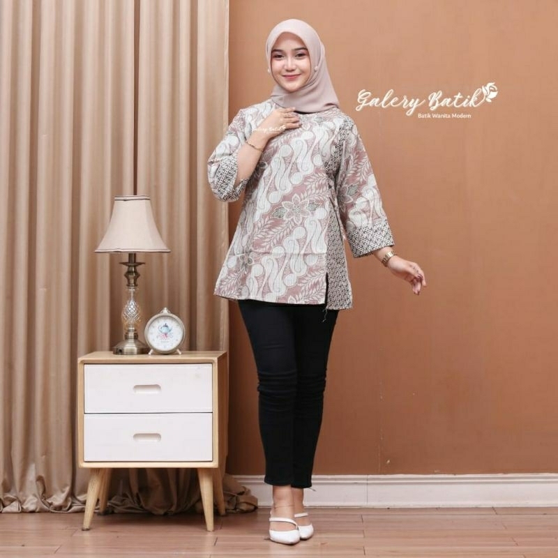 Baju Batik Wanita Modern Kantor Elegan Lengan 3/4 Panjang Balon Premium Jumbo Blouse Lebaran Wanita 