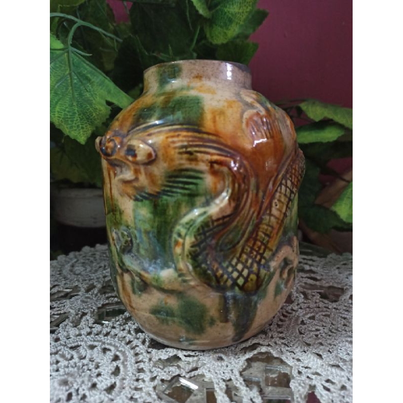 Guci Keramik tua antik Dinasti Kuno Naga timbul China 3 warna T:16cm