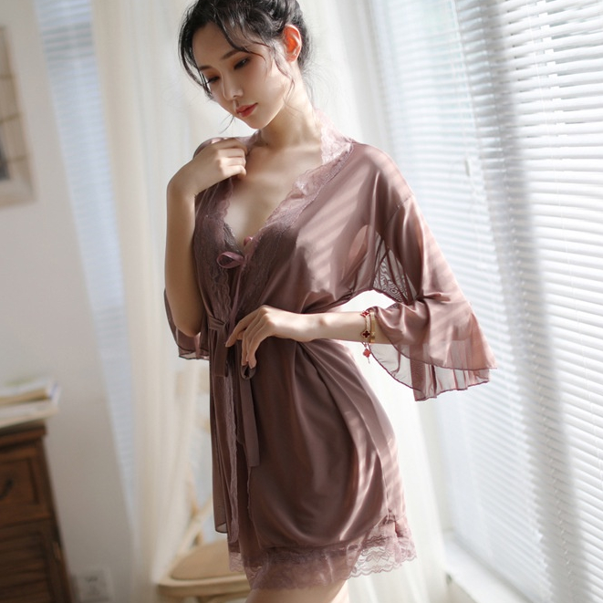 Baju tidur Sexy Lingerie Wanita Renda kimono Set Babydoll Piyama 3 in 1 (Size Besar) A256