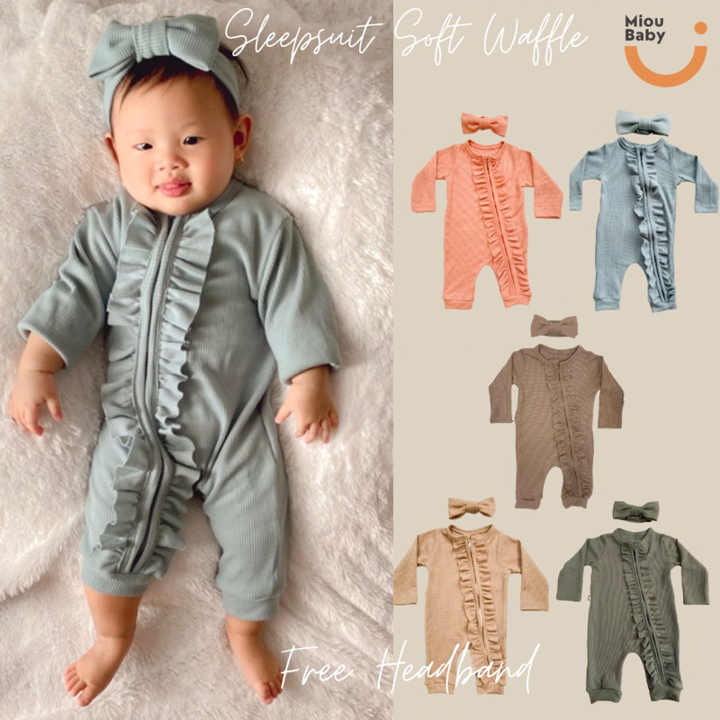 [12.12 SALE] MIOUBABY - Sleepsuit zipper free headband / baju tidur bayi / jumper bayi /jumpsuit bayi / bodysuit baby / waffle baby / baju anak / baju bayi / sleepsuit anak / hadiah lahiran / setelan anak / setelan bayi / baju anak perempuan