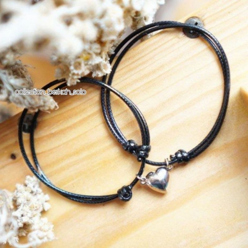 (COD) Gelang Pasangan Magnet Love | Gelang Couple Magnet Hati | Tali Korea Hitam 1.5mm | Gelang Coup