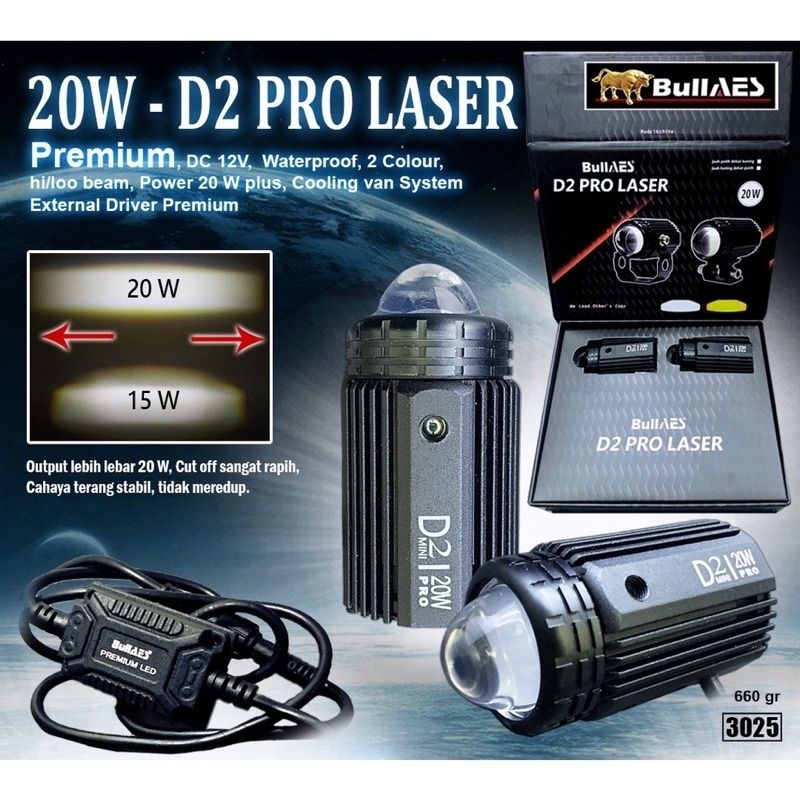 ORIGINAL AES BULLAES LAMPU LASER FOGLAMP D2 PRO 20 WATT 15 WATT AES superbright Hi Low Beam 3 Mode PREMIUM | LAMPU LASER D2 20 WATT PRO LASER OUTPUT MERK BULLAES