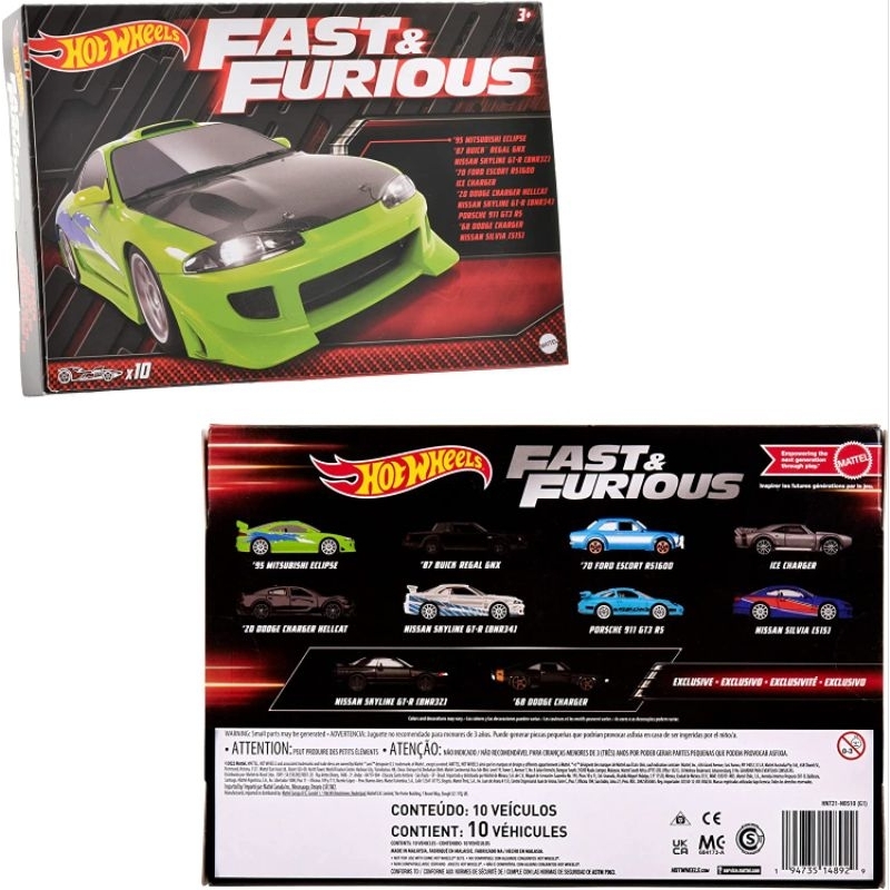 Hot Wheels Fast &amp; Furious Themed 10 Pack - Mainan Mobil Balap skyline nissan r34 dodge charger gtr mitsubishi eclipse silvia r32 ford escort s15 monalisa porsche 911 ice buick regal
