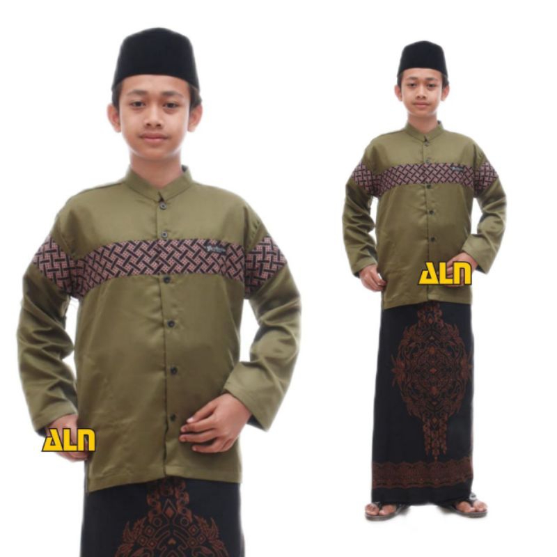 ATASAN BAJU KOKO BUSANA MUSLIM ANAK COWOK LAKI LAKI LENGAN PANJANG POLOS KOMBINASI MOTIF BATIK BATA 