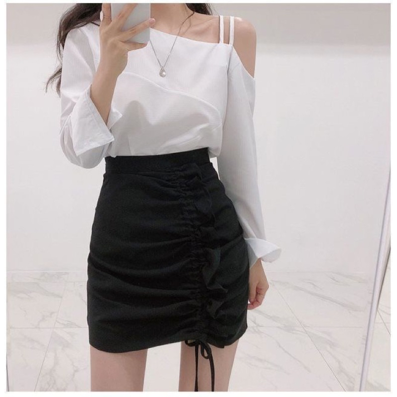 (S-XXL) Monribbon highwaist skirt rok wanita variasi serut