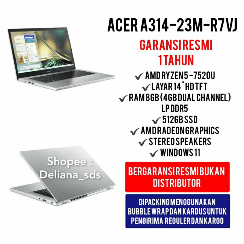 Laptop Acer A314-23M-R7VJ Amd Ryzen 5 7520U 8GB/512GB Garansi Resmi 1 Tahun Laptop Acer A314 23M R7VJ Ryzen 5 Laptop Acer Ryzen 5 Laptop Acer Murah Laptop Ryzen 5 Laptop Murah