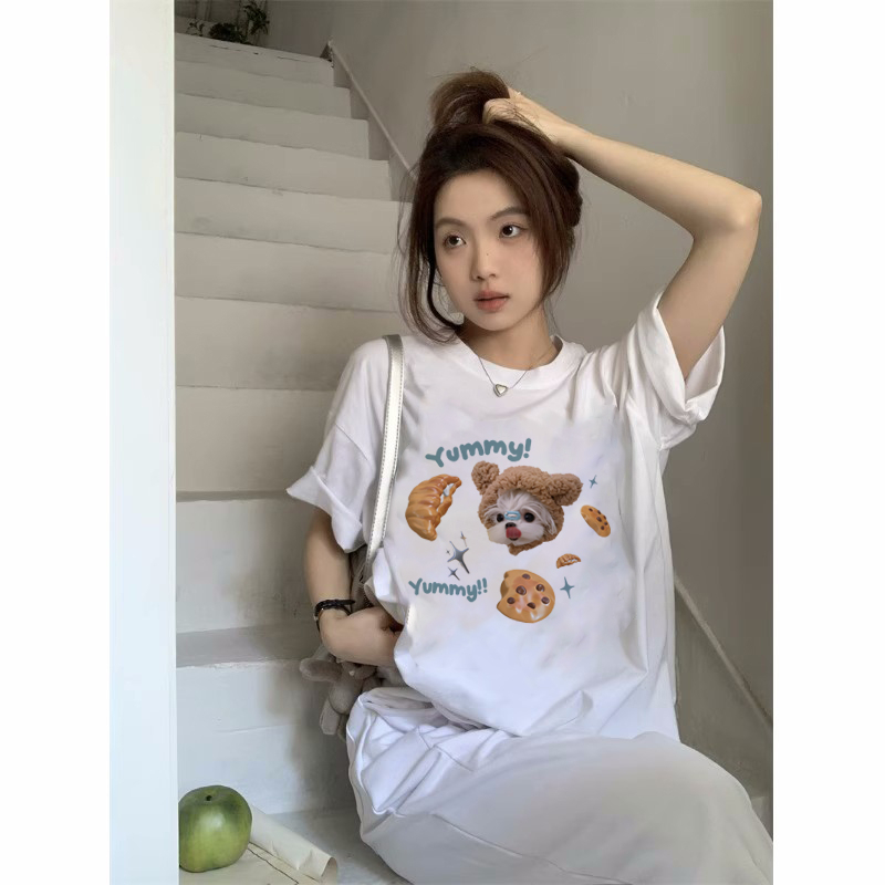 EUNII T-shirt Lengan Pendek Cartoon Cookie Dog Korean Style/Kaos Atasan Wanita/Baju Kaus Oversize Wanita/Kaos Wanita