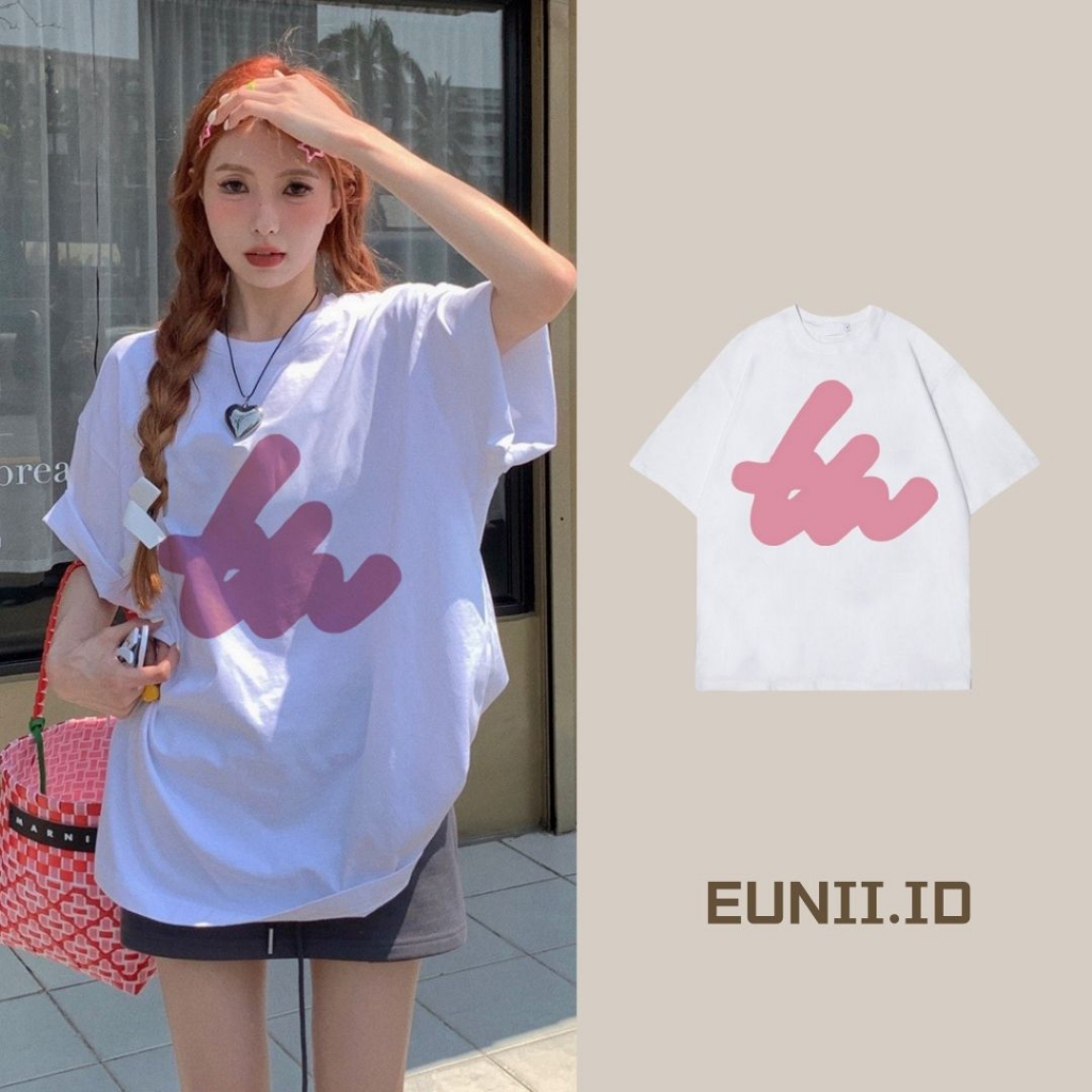 EUNII T-shirt Lengan Pendek Pink Bow Tie Korean Style/Kaos Atasan Wanita/Baju Kaus Oversize Wanita/Kaos Wanita