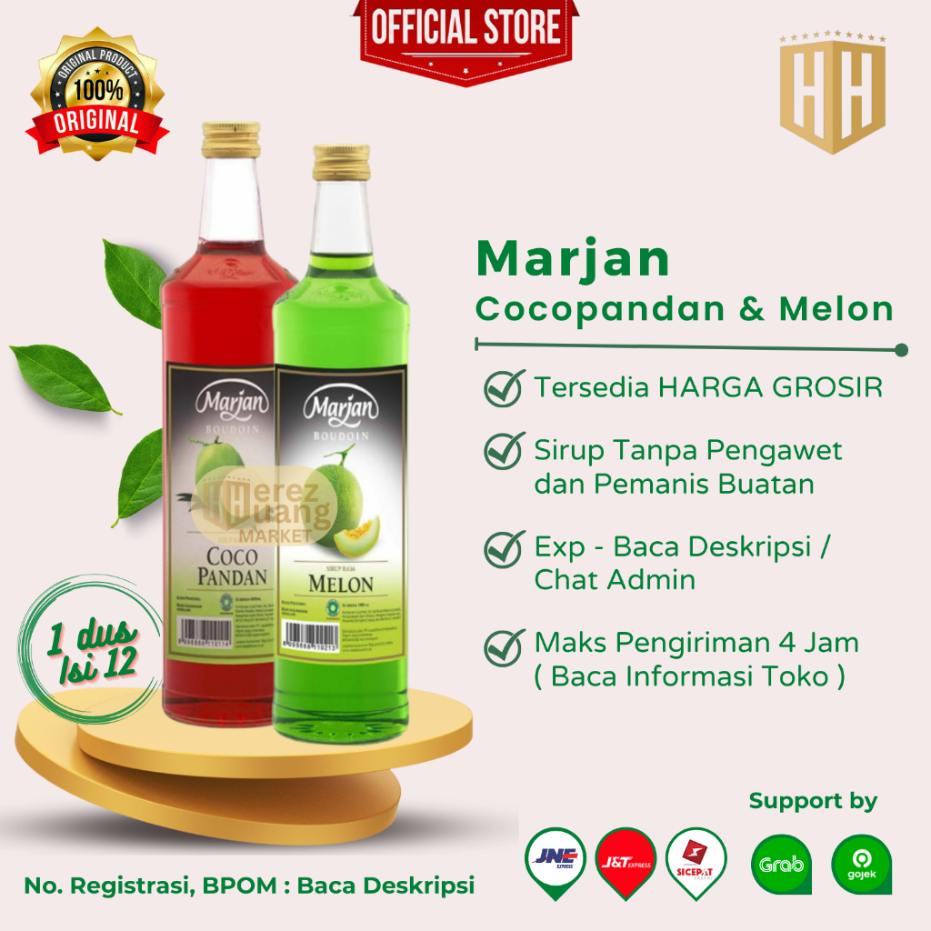 MARJAN Boudoin Syrup COCOPANDAN / MELON - Sirup Marjan Rasa Melon / Cocopandan 460ml ( 1 Dus Isi 12 Btl )