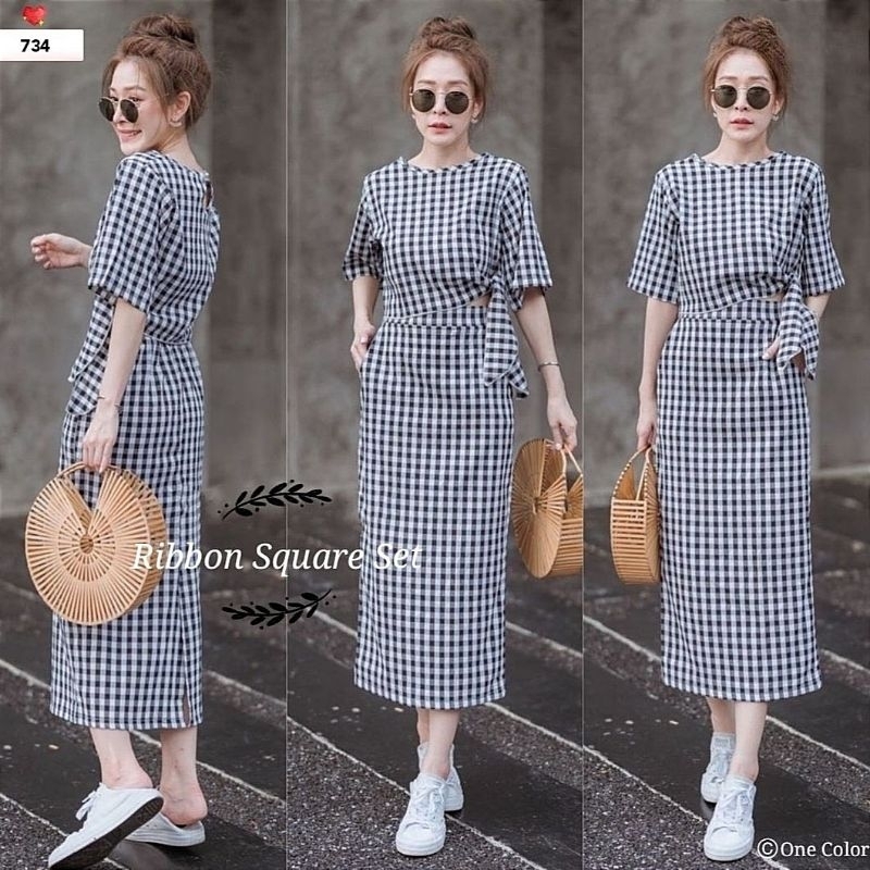 RIBBON SQUARE Set Baru Murah Berkualitas - One Set Wanita Bahan Katun Motif Kotak Kotak - Setelan Ca