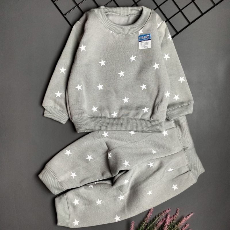 setelan sweater fleece bayi 3-12 bulan motif stars