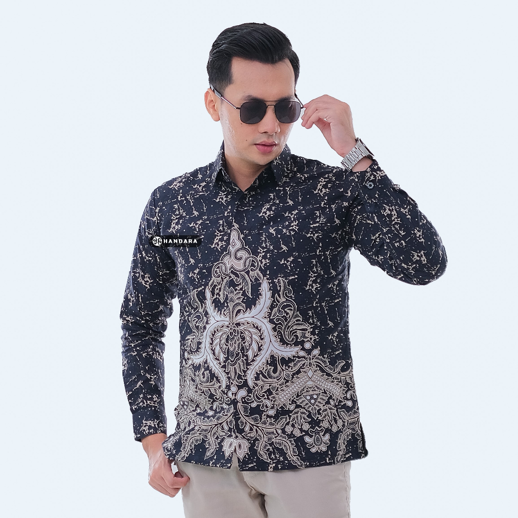 Baju Kemeja Batik Pria Lengan Panjang Slim Fit Premium Modern Full Furing Katun Halus Original Handara Motif Guruh Hitam HB-111