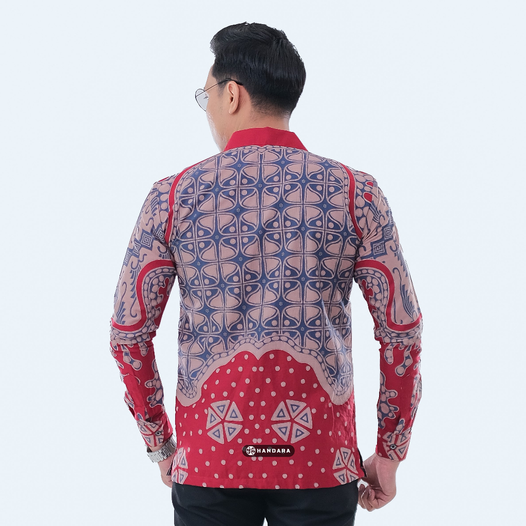 Baju Kemeja Batik Pria Lengan Panjang Slim Fit Premium Modern Full Furing Katun Halus Original Handara Motif Stella Merah Krem HB-286