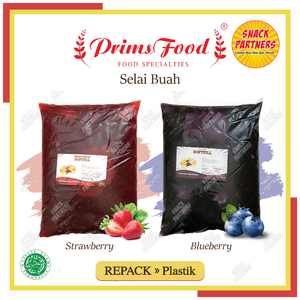 

PRIMS FOOD Softfill Excellent Repack 1 KG - Selai Buah Isian Roti Panggang Aneka Rasa - Olesan Filling Ekonomis - Strawberry / Stroberi, Blueberry / Bluberi - PRIMSFOOD