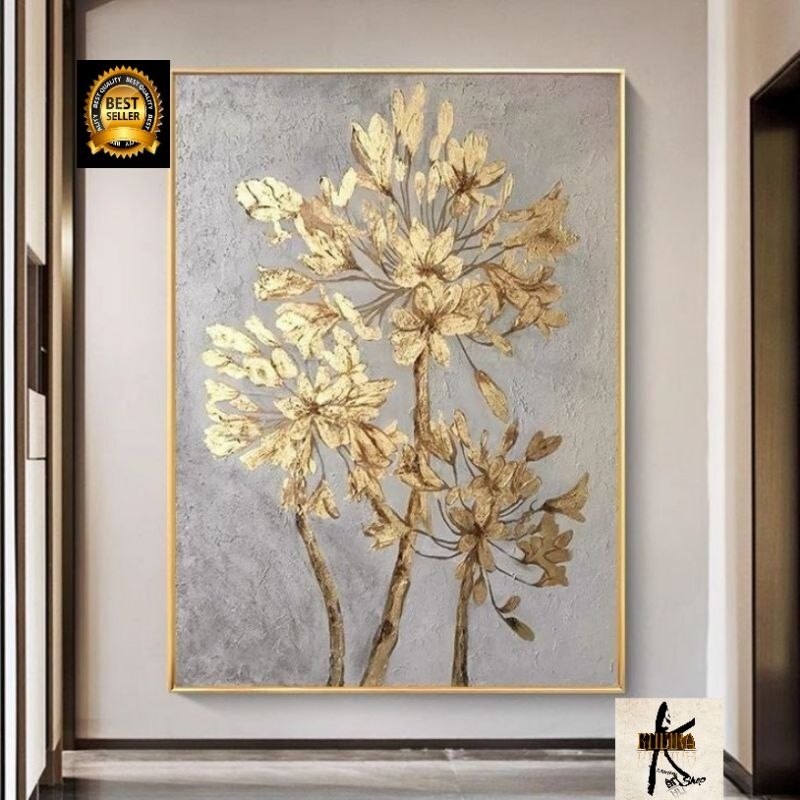 Lukisan Original Handmade BUNGA EMAS texture Aesthetic aksen gold mewah Ukuran 120cmx80cm plus Bingk