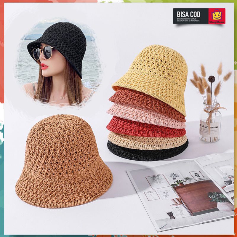 Topi Bucket Rajut Fashion Wanita Gaya Korea Topi Bucket Pantai Olahraga Import