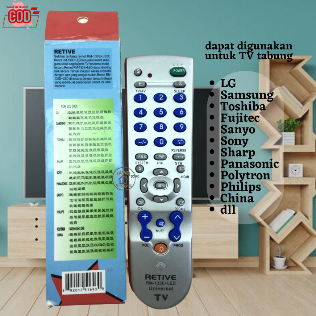 Remot Remote TV Tabung Multi Universal 133E RETIVE berbagai merk (fujitec, sanyo, akari, dll)