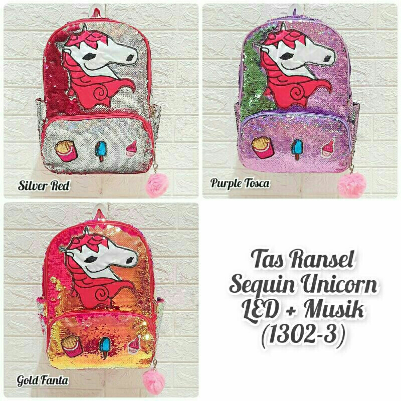 Tas Sequin Unicorn Tanduk / Tas Ransel Sequin Unicorn / Tas Ransel Anak Sekolah